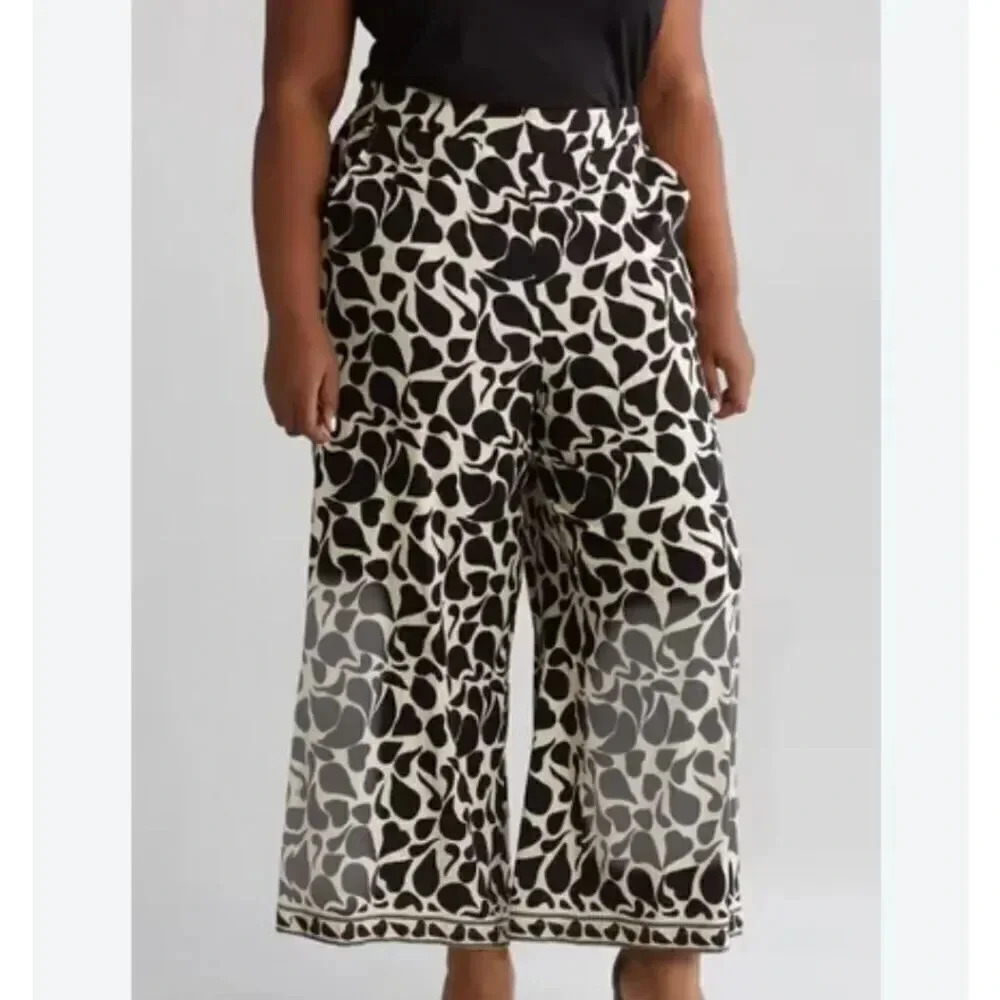 MAX STUDIO | Pull-On Wide Leg Pants Cream Ivory Black Foliage Print | Size 2X
